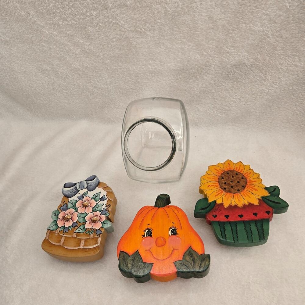 Vintage Cookie Jar 3 Wooden Hand Painted Lids- Pumpkin, Basket, and Sunflower